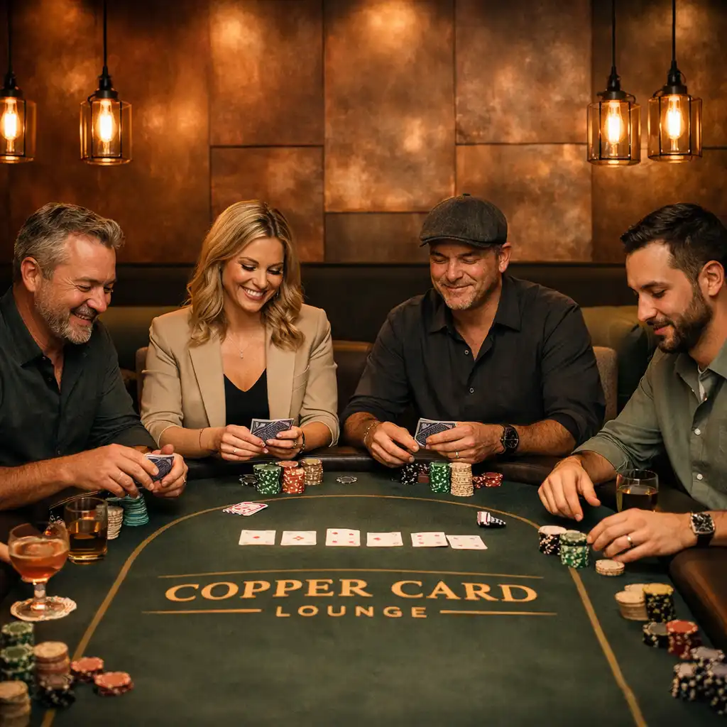 Group of people playing poker at a custom table in the Copper Card Lounge card room