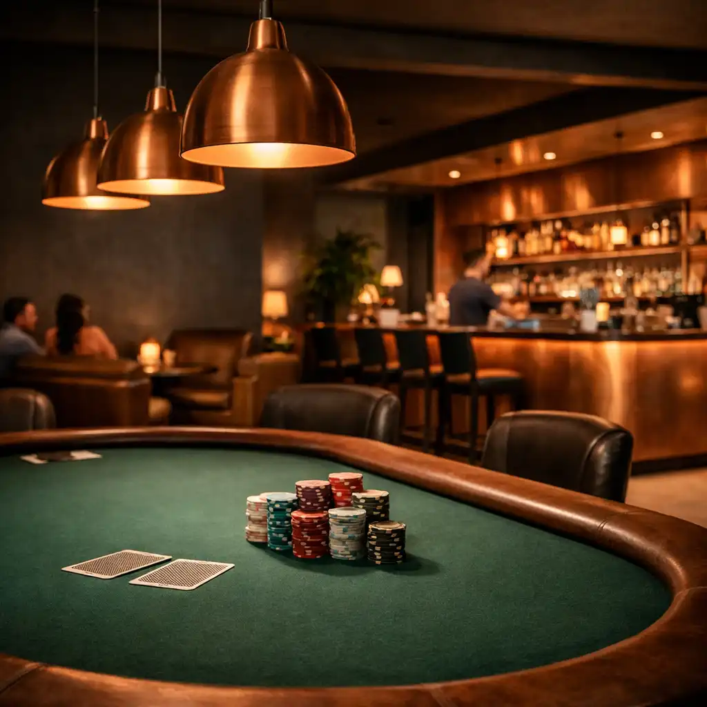 Warmly lit Copper Card Lounge interior with a poker table, clay chips, and copper pendant lights