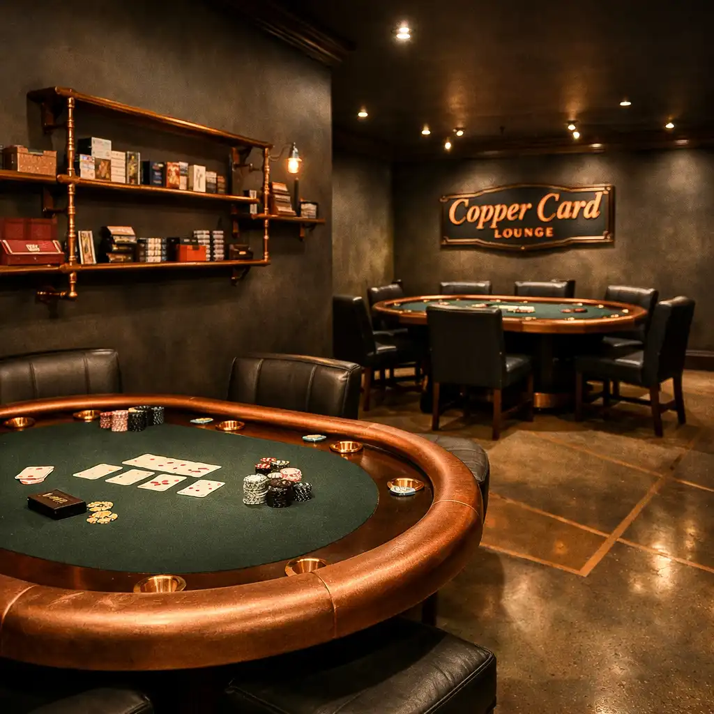 Interior of the Copper Card Lounge card room with two professional poker tables, warm lighting, and copper shelving