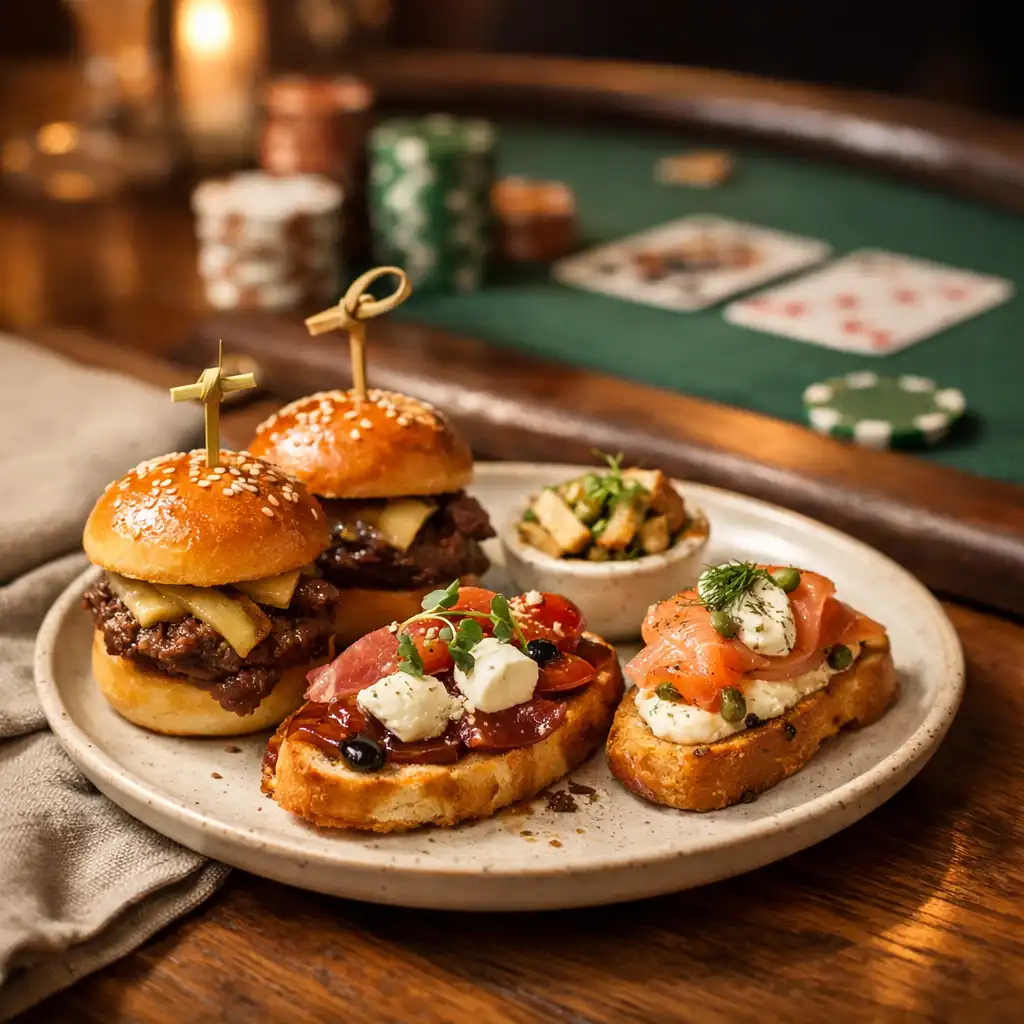 Small plate of gourmet finger food on a wooden table with a softly blurred poker table in the background