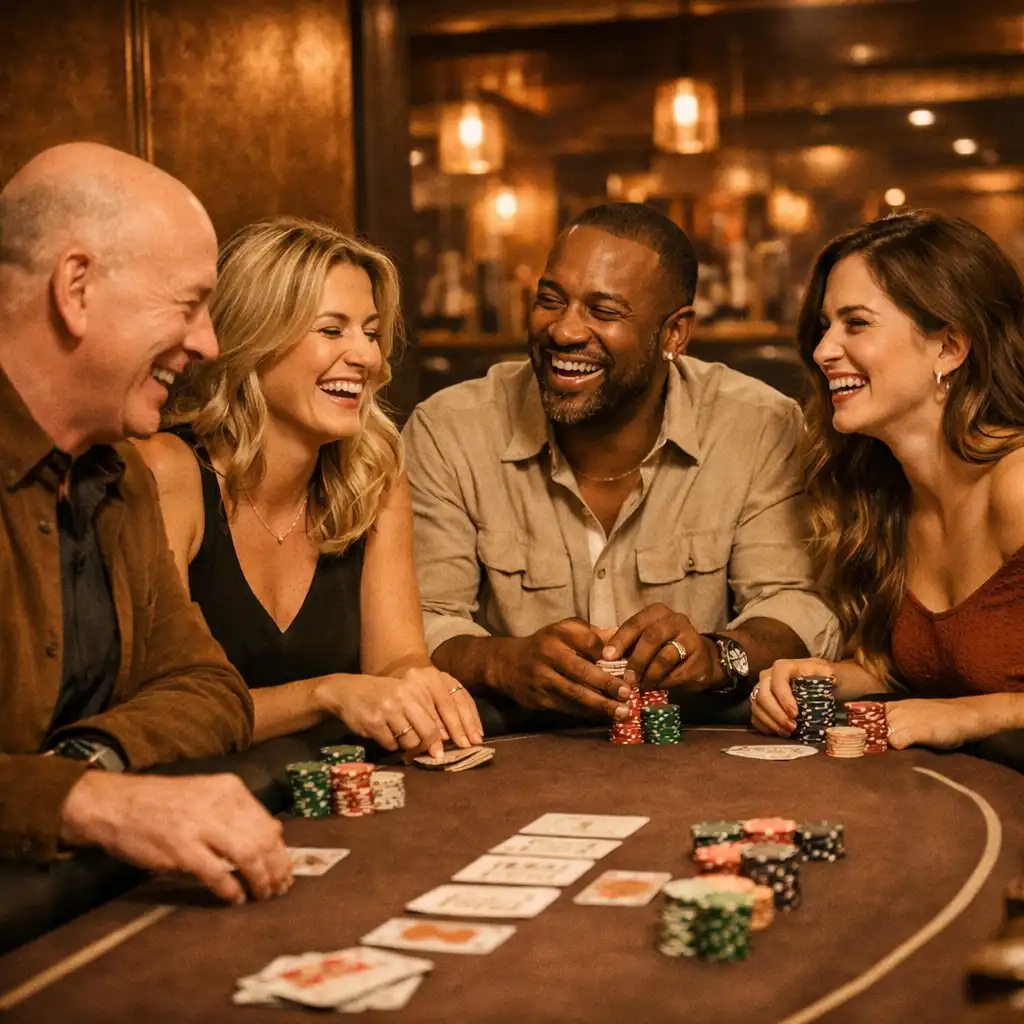 Guests laughing around a poker table during a social poker session at Copper Card Lounge