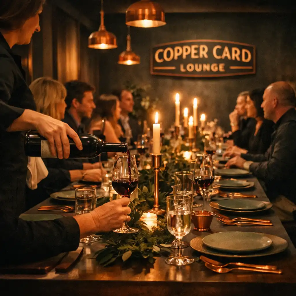 Guests seated at a long communal dining table during an event at Copper Card Lounge