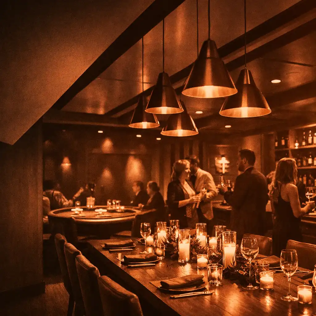 Warmly lit Copper Card Lounge during an evening event with a poker table in the background