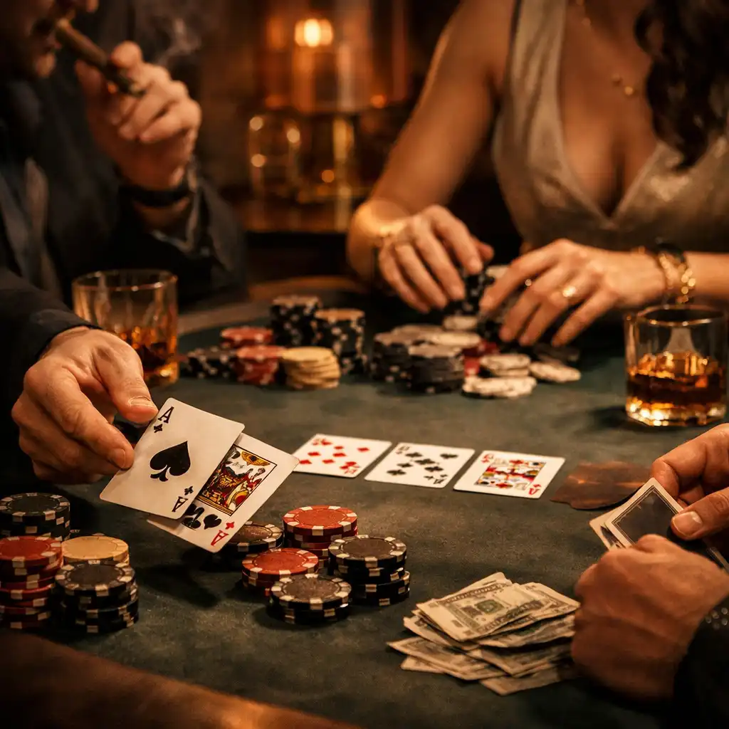 Group of people playing poker at a table with hands and cards in motion