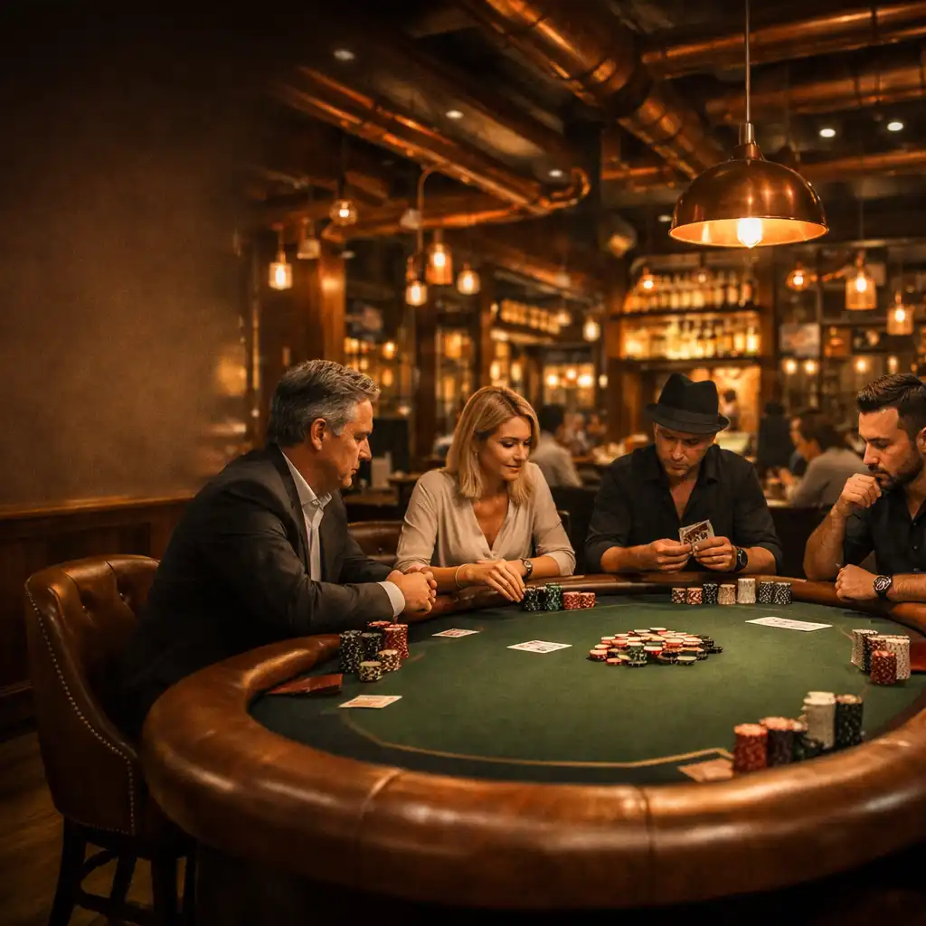Copper-toned restaurant interior with a dedicated poker table in the foreground and warm ambient lighting
