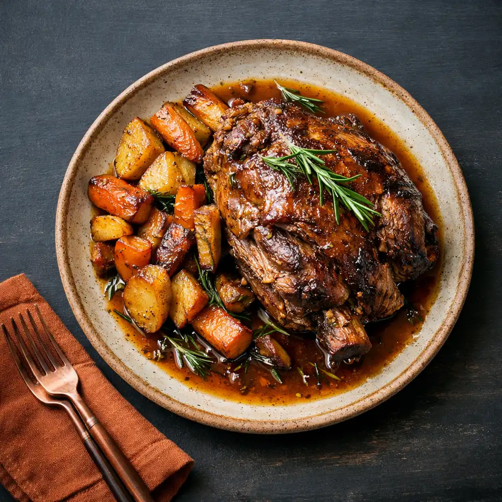 Slow-roasted lamb shoulder with rosemary jus and roasted root vegetables