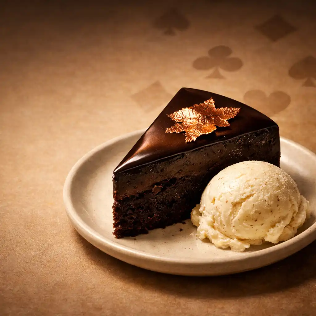 Dark chocolate and espresso torte with a copper leaf accent and vanilla bean ice cream