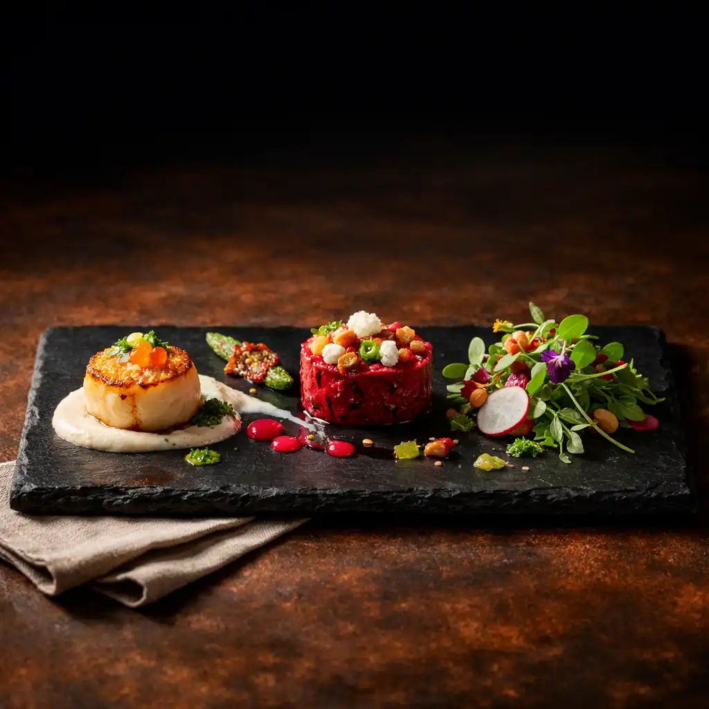 Seasonal tasting menu with seared scallop, beetroot tartare, and micro herb salad on a slate board