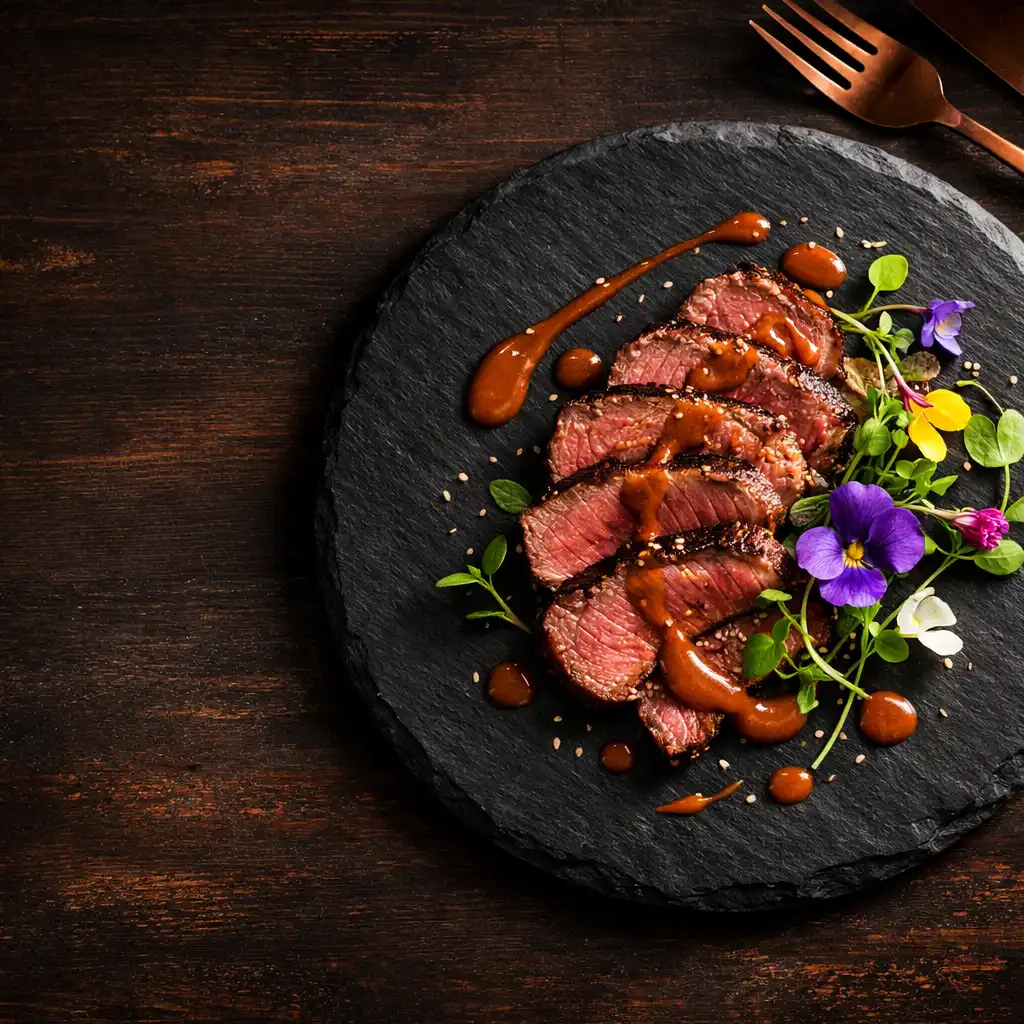 Seared beef slices with copper sauce on a dark slate plate