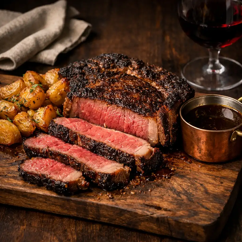 Sliced ribeye steak with duck-fat potatoes and copper pot of jus