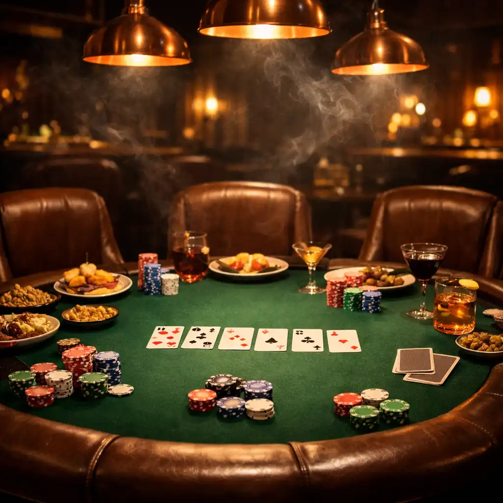 Poker table with small plates and drinks in a dimly lit card lounge