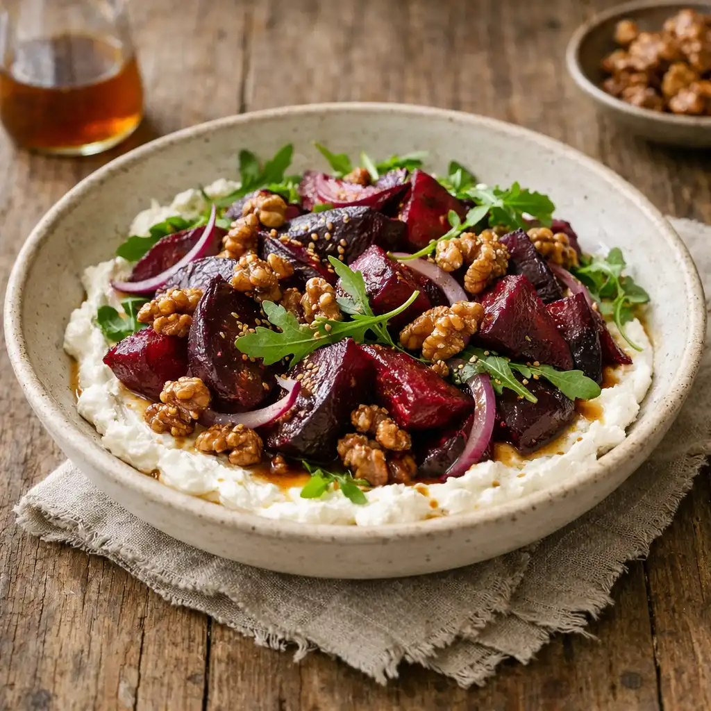 Roasted beetroot salad with whipped feta and candied walnuts