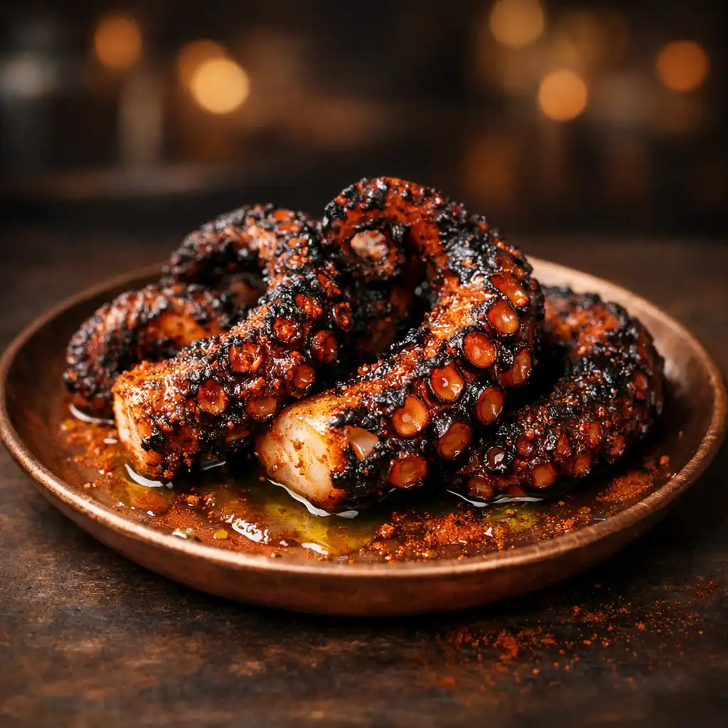 Charred octopus tentacles on a copper plate with paprika