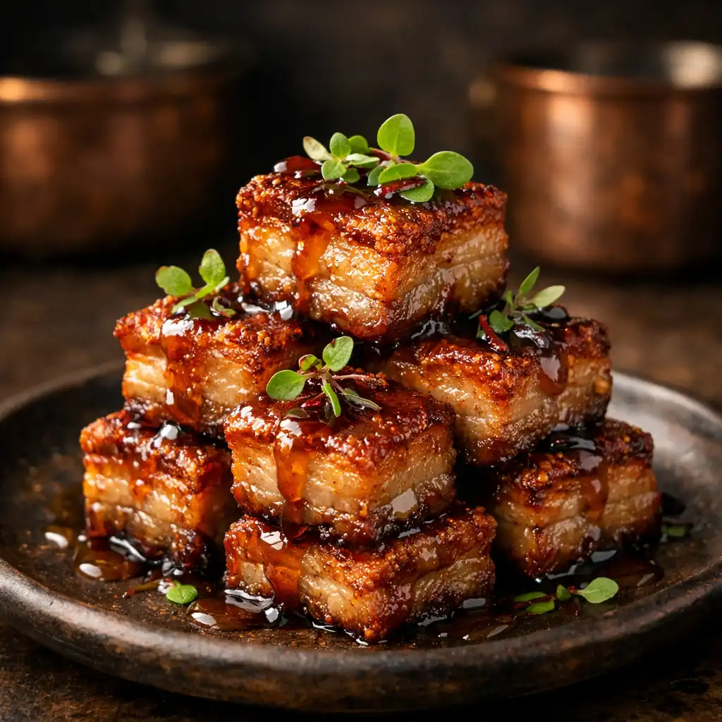 Crispy pork belly bites with apple glaze on a dark plate