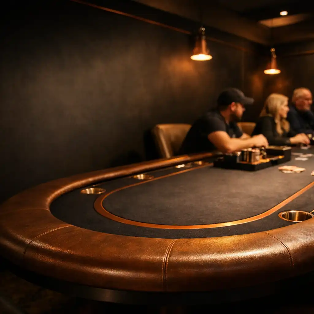 Wide view of the Copper Card Lounge poker room with a handcrafted poker table, copper inlays, and warm lighting