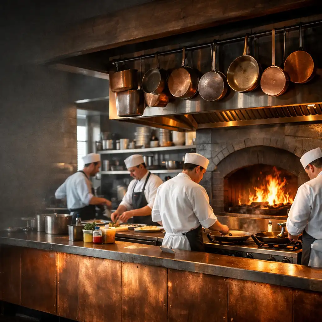 Chefs working in an open kitchen with copper-clad stations and a wood-fired oven