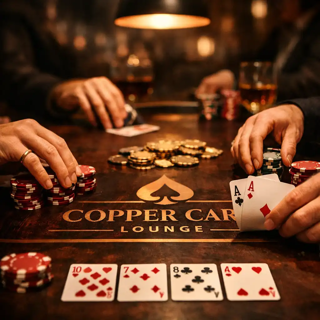 Close-up of a poker table at Copper Card Lounge with players arranging chips and cards