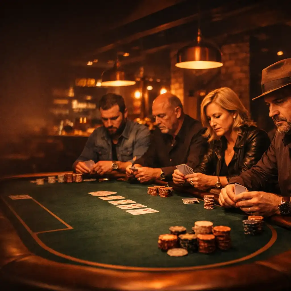 Poker evening in progress at Copper Card Lounge with players focused around a professional poker table
