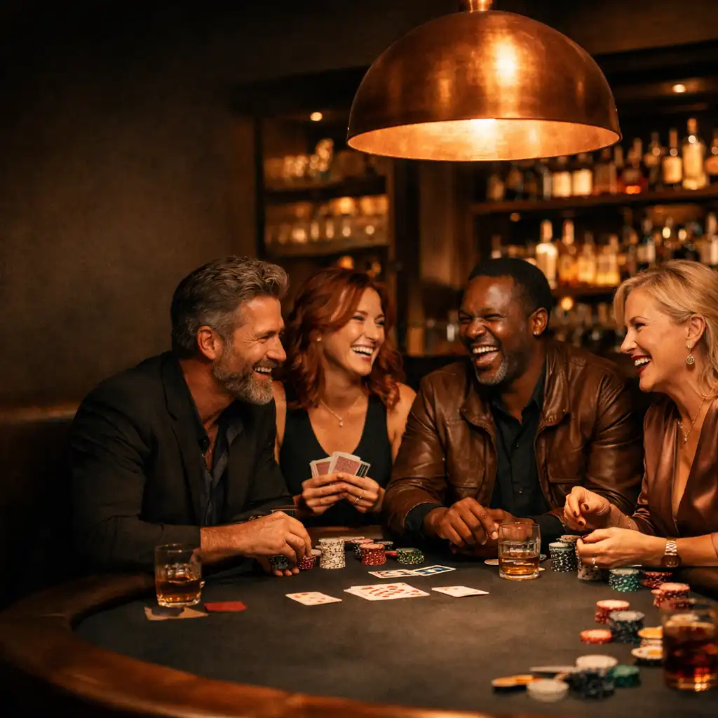 Guests laughing and playing poker at a warmly lit table during a poker evening at Copper Card Lounge