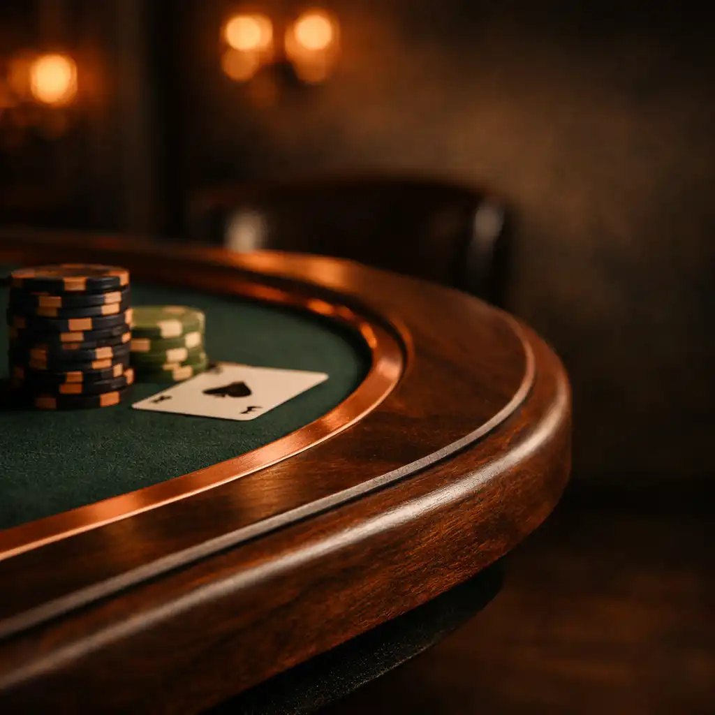 Close-up of a custom poker table with copper inlay, clay chips, and warm directional lighting