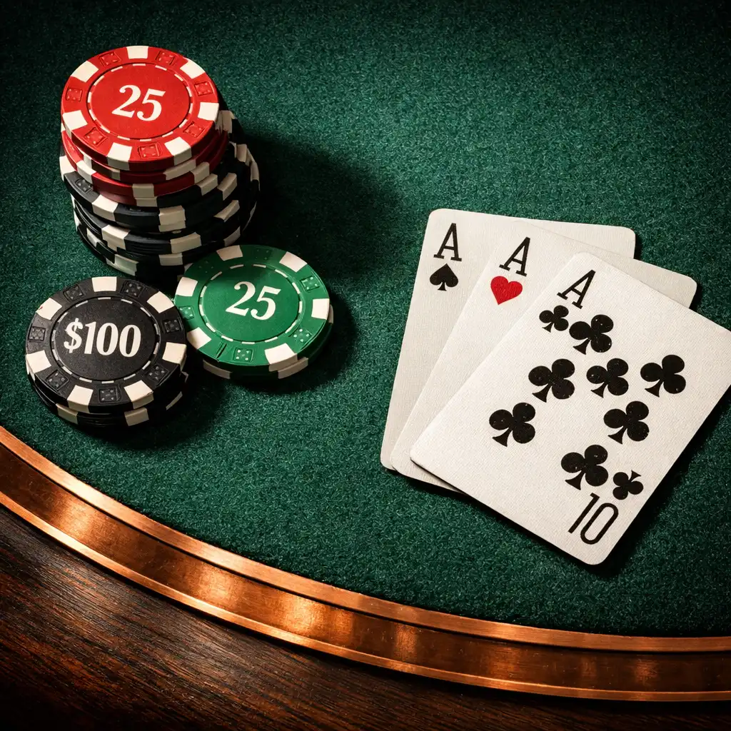 Close-up of a poker table surface with felt, chips, and playing cards