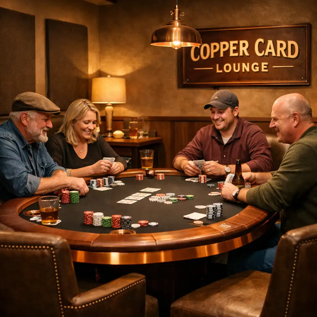 Comfortable poker table setting with upholstered chairs, warm lighting, and acoustic panels in the Copper Card Lounge