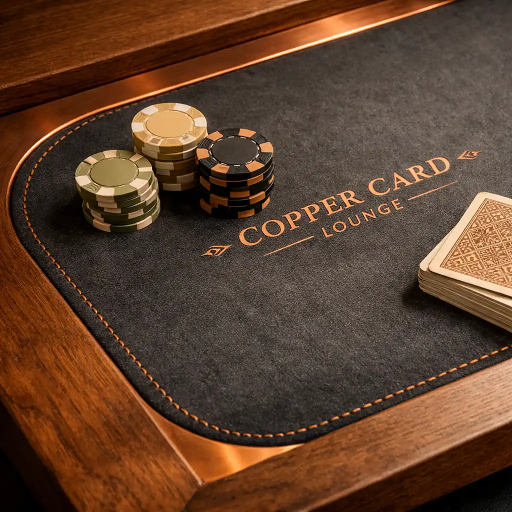 Close-up of a handcrafted poker table showing timber frame, copper inlay, charcoal felt, and neatly stacked poker chips