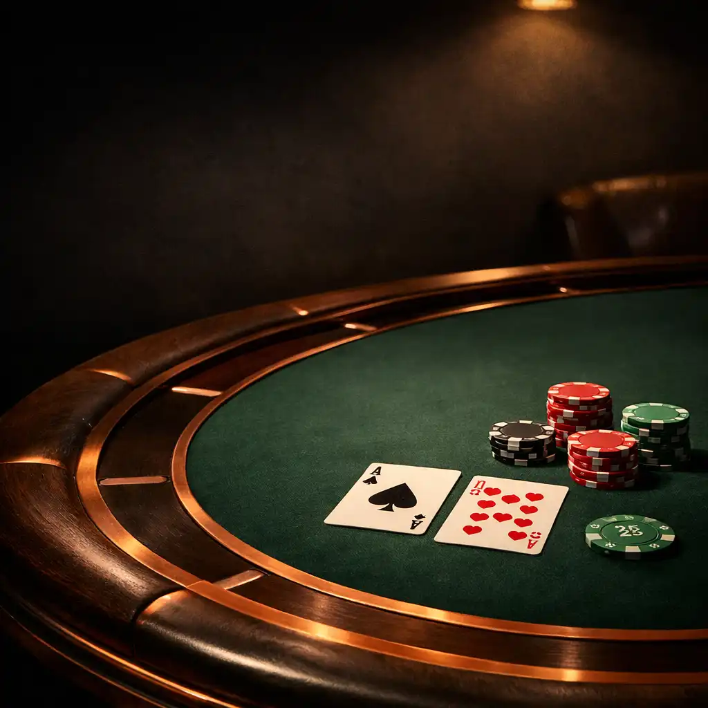 Handcrafted poker table with copper inlays, matte felt, clay chips, and playing cards in a dimly lit lounge