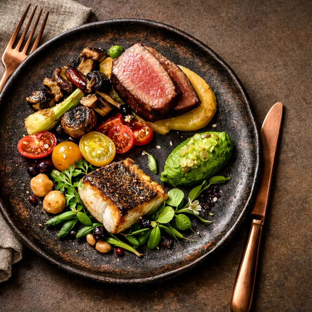 Plated Australian restaurant dish with copper cutlery and a linen napkin