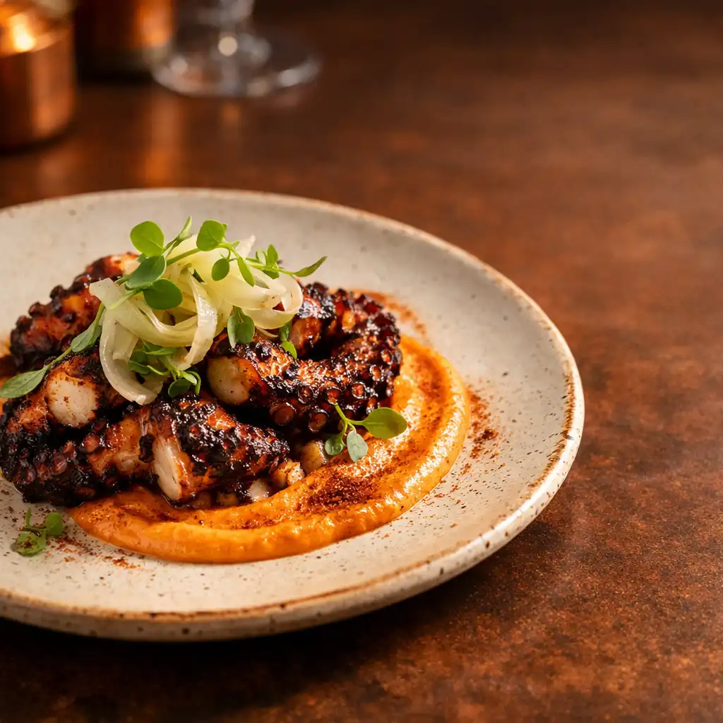 Charred octopus with smoked paprika aioli and pickled fennel on a dark copper-toned table
