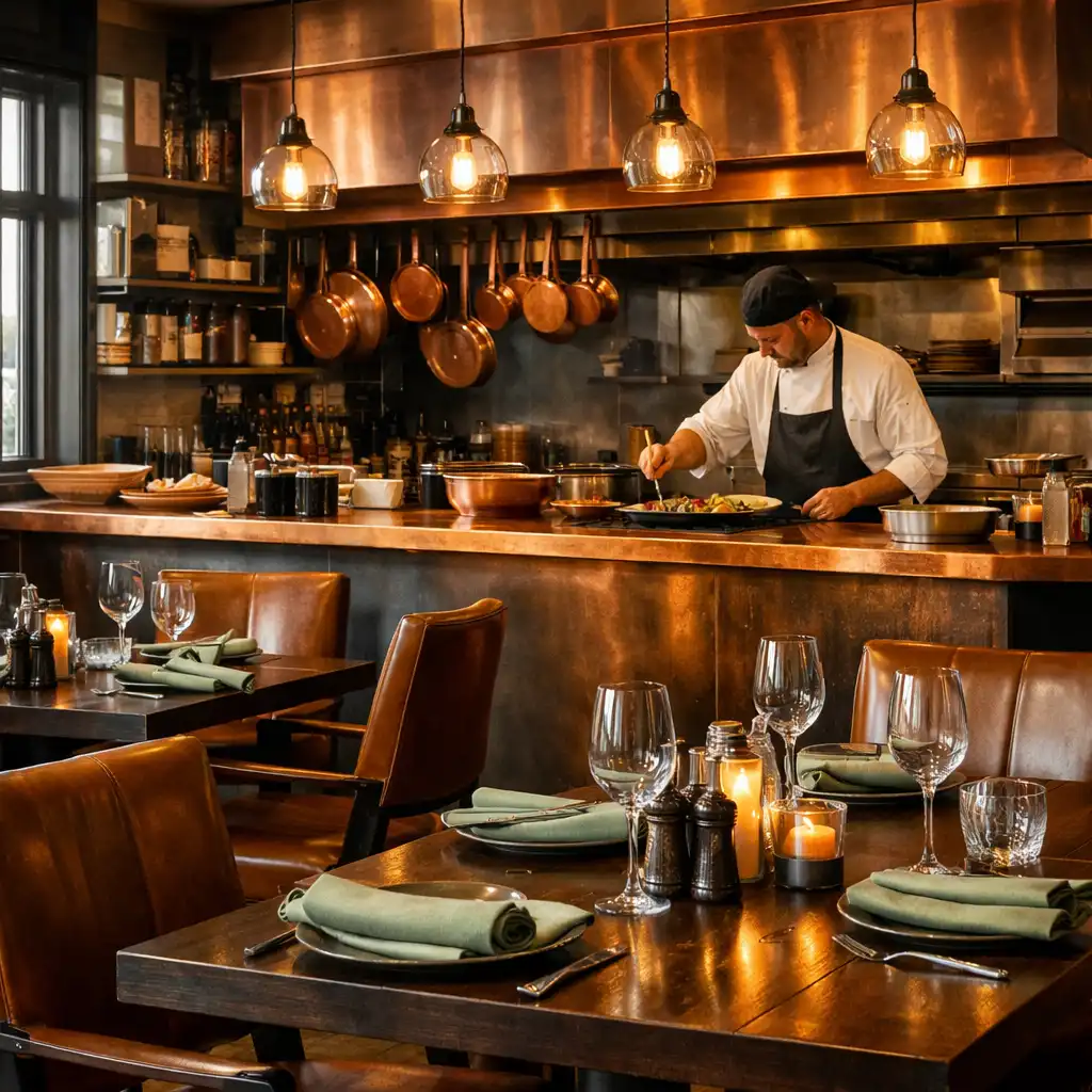 Restaurant interior with open kitchen, copper countertops, and dining tables